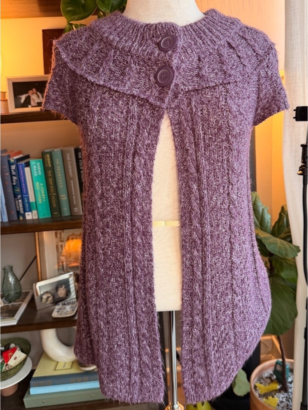 Y2K Sonoma Cable Knit Short Sleeve Open Front Cardigan Purple Sweater S